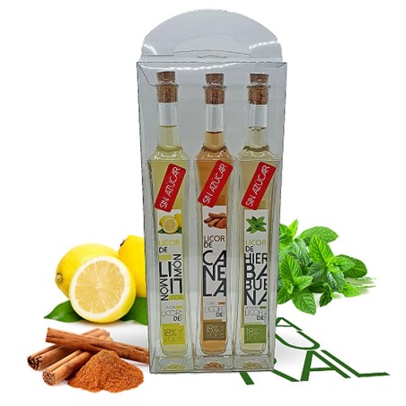 Estuche Degustación Licores Naturales sin azúcar Limón Canela Hierbabuena