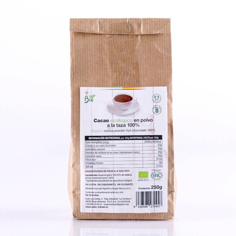 Cacao en polvo a la taza Chocolate Artesano Ecológico Almería 100% Natural Sin Gluten