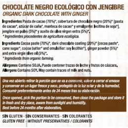Chocolate Artesano Ecológico Negro 74% Cacao Jengibre Almería natural