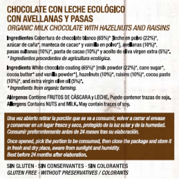 Chocolate con Leche Pasas y Avellanas Artesano Ecológico AOVE Almería 