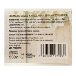 Crema de cacao y avellanas vegana ecológico artesana Almería cero azucar